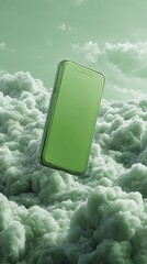 Poster - Mobile innovation: A smartphone levitating above a serene cloudscape backdrop