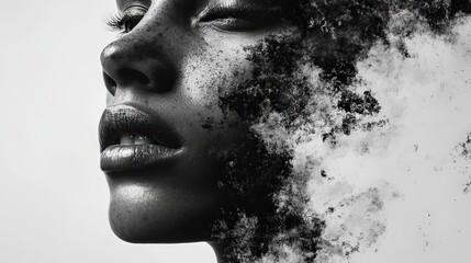 Poster - Monochromatic portrait of a woman blending with abstract textured patterns