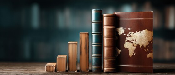 Aufkleber - Global Intelligence Visualization Vintage Business Books with Ascending Growth Charts and World Map - Intellectual Capital and Strategic Knowledge Insights for Modern Entrepreneurs
