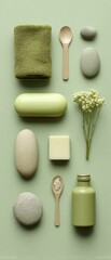 Aufkleber - Zen Minimalist Wellness Essentials Soft Green Organic Spa Kit with Natural Stone and Botanical Elements - Holistic Self-Care Lifestyle