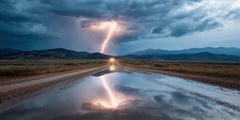Fototapete - Elemental Disruption Cinematic Storm-Chaser Climate Narrative Reveals Dramatic Lightning Landscape of Resilience and Atmospheric Transformation in  Ultra-Resolution