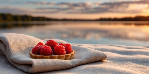 Poster - Serene Culinary Minimalism Artisan Raspberry Tart on Rustic Linen - Gourmet Food Celebrating Slow Living and Sunset Tranquility