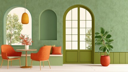 Poster - Vintage interior cafe rendered in olive hues with textured wall paint, amber lights, and a calm, welcoming feel