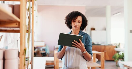 Poster - Tablet, planning notes and woman with pottery checklist, inventory and manufacturing. Person, employee and ceramic manager in studio, store website and designer in small business and accounting audit