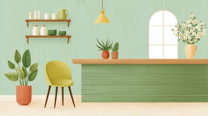 Poster - Wooden counter cafe with olive green walls, vintage lighting, and rustic shelving, cozy atmosphere in clipart style