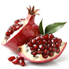 Aufkleber - Fresh pomegranate fruit with juicy seeds and green leaf on white background, vibrant and healthy snack