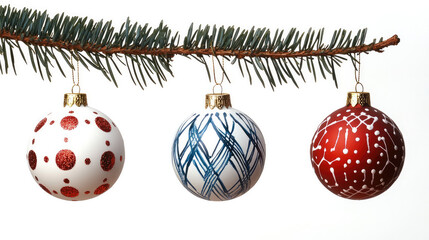 Aufkleber - Three Christmas ornaments hanging on pine branch, festive decoration, white background, joyful holiday mood