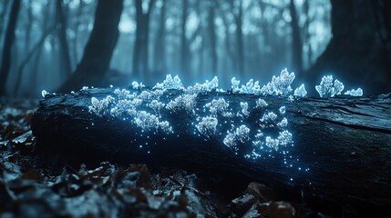 Poster - Cluster of bioluminescent mushrooms growing on a fallen log in a deep forest casting soft light in the dark woodland