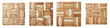 © NRD - Natural wooden coasters featuring stylish, geometric patterns and various shades of light brown, perfect for home decor or table settings.