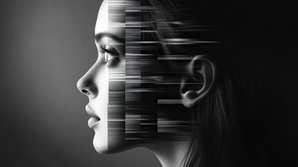Poster - Monochrome portrait with data glitches evoking a futuristic aesthetic concept
