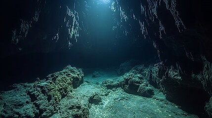 Poster - Dark underwater trench filled with glowing bioluminescent plankton their soft light illuminating the deep sea environment