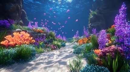 Poster - Deep sea biome with bioluminescent creatures swimming through the dark ocean their bodies emitting vivid light creating a magical underwater display