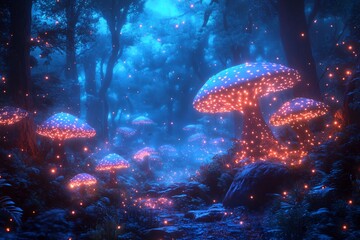 Poster - Forest filled with glowing bioluminescent mushrooms casting soft light across the forest floor in a mystical dreamlike scene