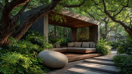 Poster - A Tranquil Oasis: Luxurious Outdoor Lounge with Lush Greenery and Natural Stone Elements in a Tropical Setting