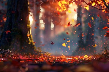 Aufkleber - Golden Hour in Autumn: A Forest Floor Ablaze with Falling Leaves and Sun-Kissed Hues