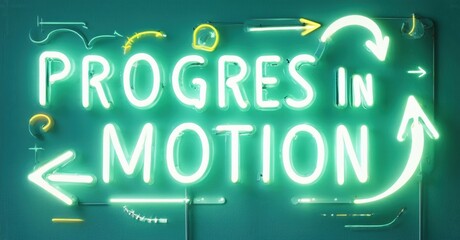 Aufkleber - Bright neon sign displays Progress In Motion. Arrows indicate cyclical, forward movement. Turquoise background contrasts with glowing text.