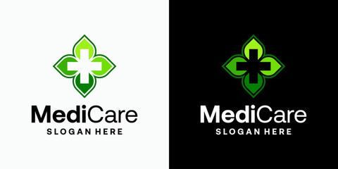 Poster - Leaf shape medical cross vector logo design with modern, simple, clean and abstract style. Icon for business, health care, herbal and personal branding.