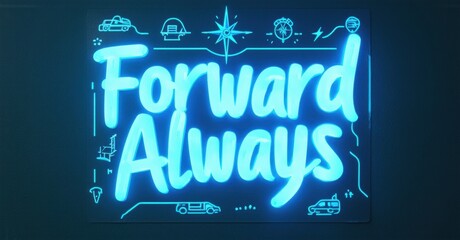 Aufkleber - Bright neon sign displays Forward Always. Vehicles, stars, helmet decorate surrounding space. Blue glow dominates dark background.