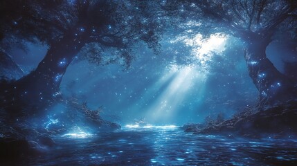 Poster - Glowing alien ocean with bioluminescent sea creatures emitting soft light creating a surreal and vibrant underwater scene