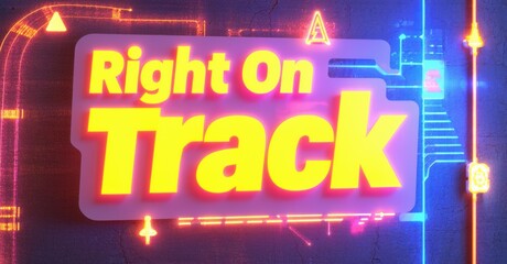 Poster - Bright neon sign displays Right On Track. Vivid colors, futuristic design, dynamic composition. Bold typography dominates scene.