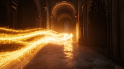Poster - Mystic corridor illuminated with ethereal golden energy, showcasing ancient architecture