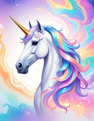  A majestic unicorn stands gracefully, its flowing mane adorned with vibrant hues of pink, purple, and blue, while its sparkling blue eyes radiate magic.