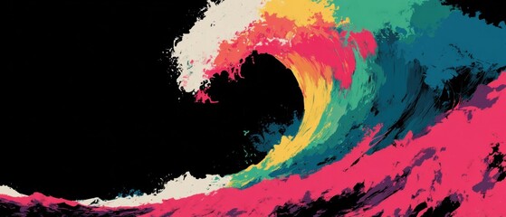 Aufkleber - Vibrant, abstract depiction of a colorful wave against a black background, showcasing dynamic motion and artistic flair.