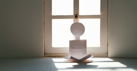 Poster - Paper figure sits near window. Bright light creates strong shadows, minimalist composition. Simple form, white color dominates scene.