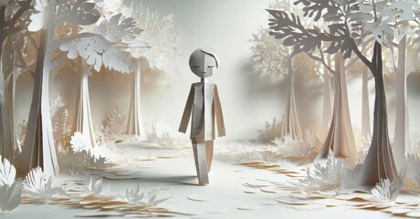 Aufkleber - Papercraft figure walks path through stylized forest. Soft lighting creates dreamlike, serene atmosphere. Minimalist design emphasizes form, texture.
