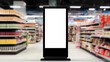 © Daud - Blank advertising kiosk stands on a table inside a busy generic retail grocery environment setting