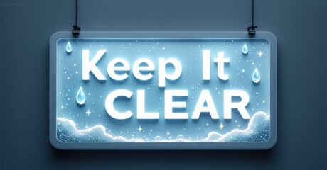 Poster - Bright sign displays text, Keep It CLEAR. Water droplets surround glowing lettering. Blue tones dominate design. Simple, clean aesthetic.