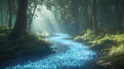 Poster - Glowing bioluminescent river running through an alien jungle the water sparkling with soft light against the dark backdrop