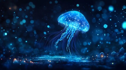 Poster - Glowing bioluminescent underwater world with glowing jellyfish floating above the seafloor casting light through the dark ocean depths