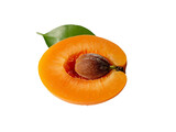 apricot fruit with slice one image with white background, no shadow, with a leaf