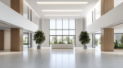 Poster - Modern interior space featuring large windows, natural light, and greenery