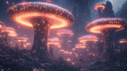 Poster - Submerged alien city with bioluminescent coral structures and aquatic life glowing in the depths creating an ethereal light show