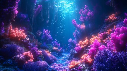 Poster - Submerged alien city with bioluminescent coral structures and aquatic life glowing in the depths creating an ethereal light show