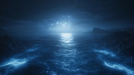 Fototapete - Vast bioluminescent abyss in the ocean with glowing sea creatures and algae casting soft light that contrasts with the deep black water