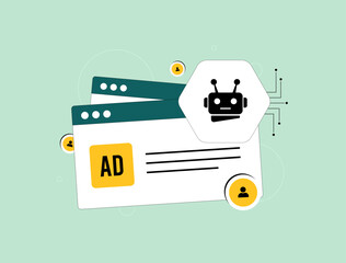 Fototapete - Marketing automation platform - vector illustration of AI-driven marketing dashboard with personalized ad content delivery, showcasing tools for segmentation, analytics and ads campaign automation