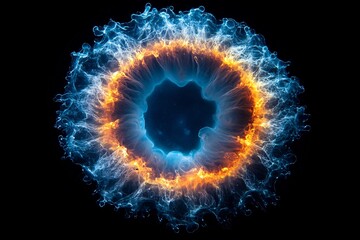 Poster - Abstract glowing marine microbe isolated black background circular light pattern representing natural bioluminescence effect
