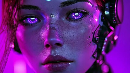 Poster - Cinematic portrait of a female cyborg with purple accents in a futuristic setting, Female cyborg portrait cinematic close up purple