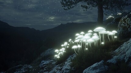 Poster - Alien bioluminescent mushrooms growing clusters on a rocky terrain casting faint light across a dark and isolated landscape