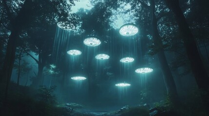 Poster - Alien bioluminescent plant pods hanging tall glowing trees casting eerie and mystical light in a dark forest scene