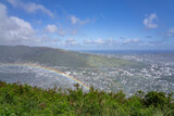 Rainbow over Manoa Valley，Tantalus Lookout - Puu Ualakaa State Park，Honolulu Oahu Hawaii. Orographic precipitation is precipitation (rain, snow, etc.) that is caused by moist air being forced upwards 