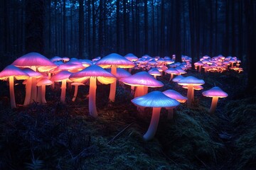 Poster - Alien mushroom forest glowing caps emitting bioluminescence illuminating the ground with a soft colorful light