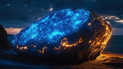 Fototapete - Alien rock formation covered glowing bioluminescent fungi surreal terrain illuminated by organic light only