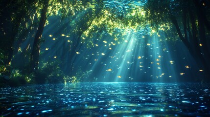 Poster - Alien sea creatures bioluminescent markings swimming in a glowing kelp forest soft light reflecting off the oceans surface