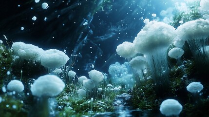 Poster - Alien terrain scattered bioluminescent crystals and fungal colonies glowing softly in low light atmosphere otherworldly natural detail