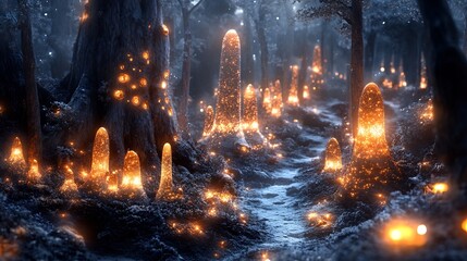 Poster - Alien terrain scattered bioluminescent crystals and fungal colonies glowing softly in low light atmosphere otherworldly natural detail