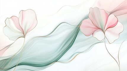 Poster - Delicate Floral Art Illustration with Pink and Green Hues and Golden Accents on White Background